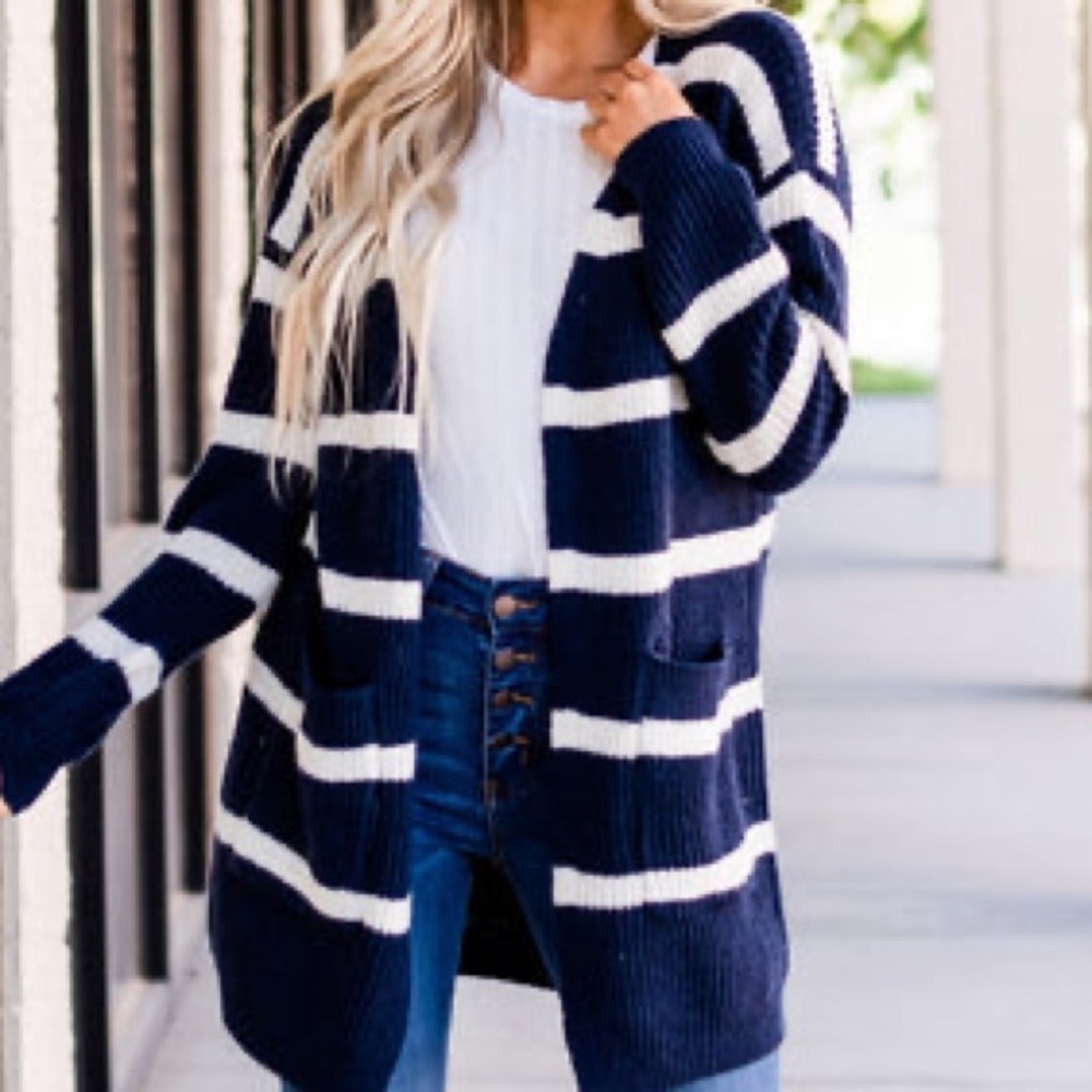 Splendid Navy Blue White Striped Nautical Knit Pocket Cardigan